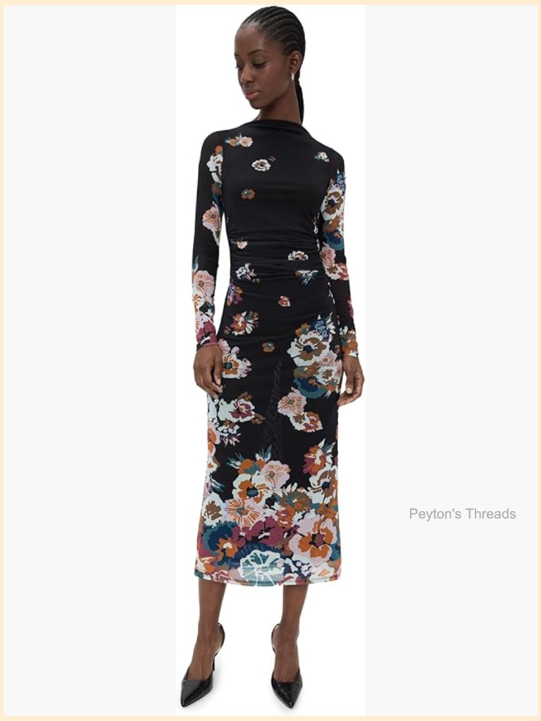 Floral Mesh Midi Dress With Ruched Waist